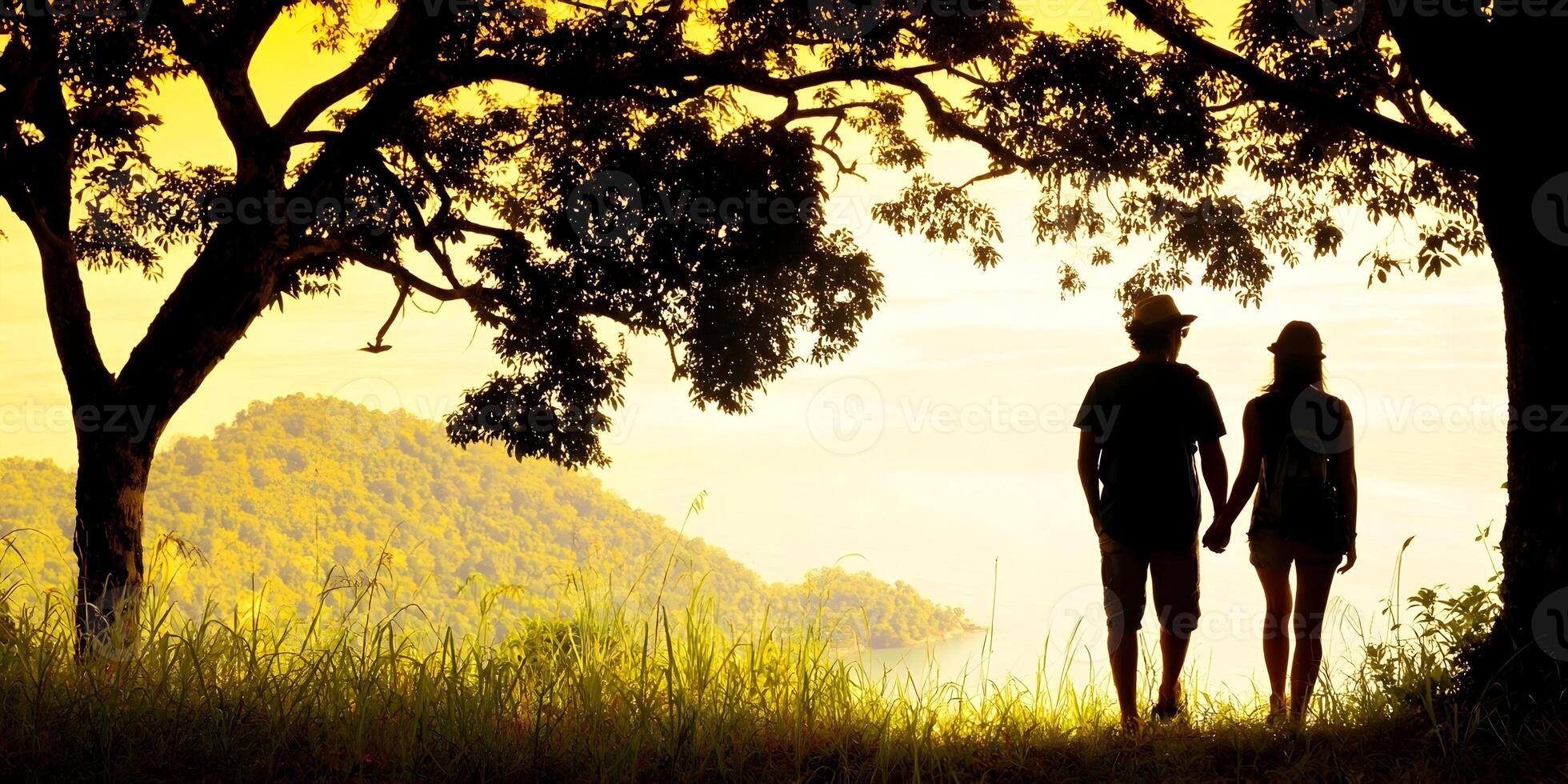 Silhouette Couple Holding Hands Scenic Viewpoint Tropical Island Summer Vacation photo