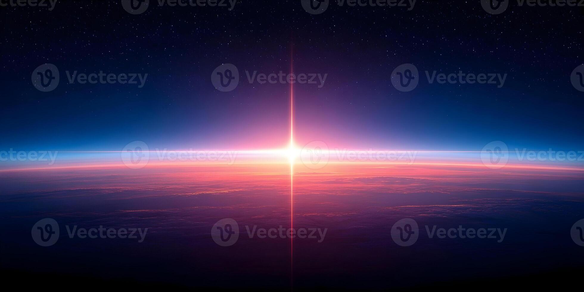 Stunning Sunrise Above Earth from Space Pink Purple Clouds and Stars photo