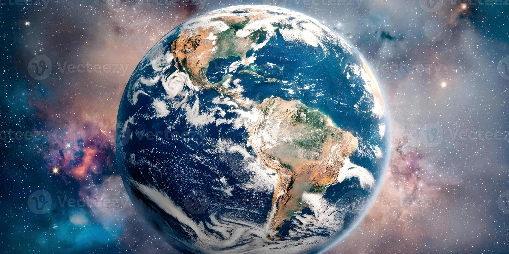 Earth from Space North and South America continents visible detailed view with nebula background photo