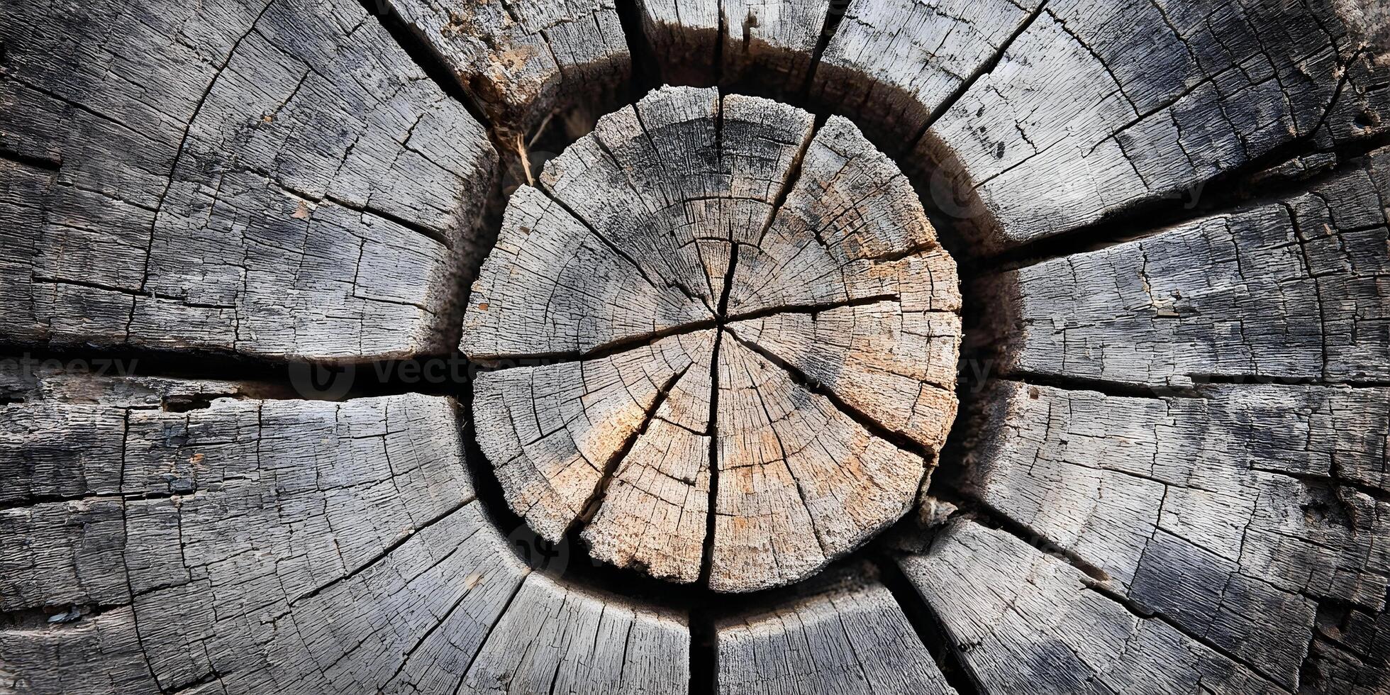 Detailed Closeup of Old Tree Stump Cross Section with Cracks and Rings photo