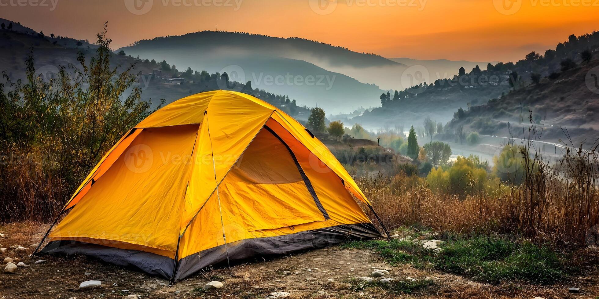 Yellow Camping Tent Autumn Mountain Sunrise Scenery photo