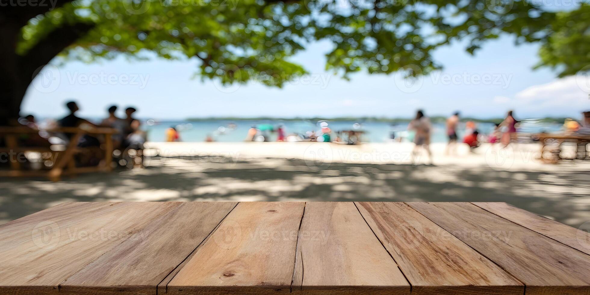 Beachfront Wooden Table Summer Vacation Tropical Scene Blurred Background photo