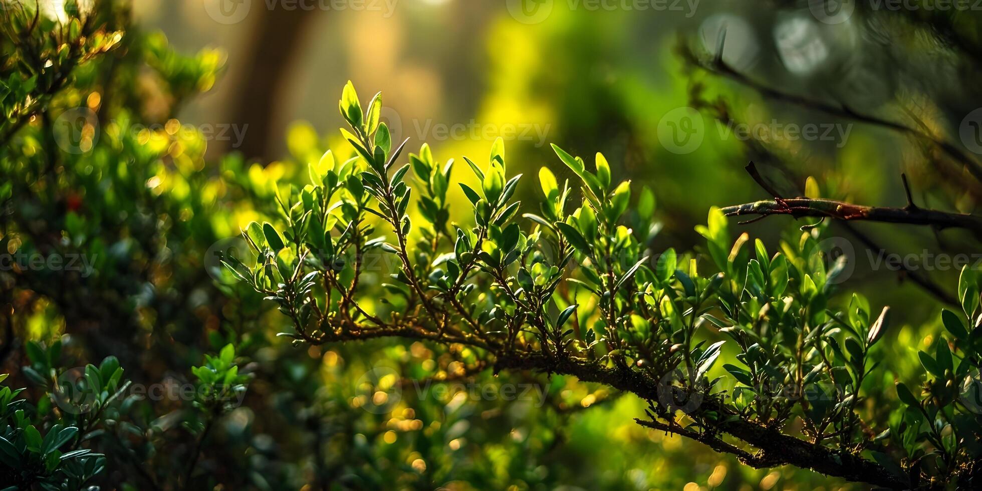 Sunlight Illuminating Lush Green Leaves Branch Botanical Photography photo