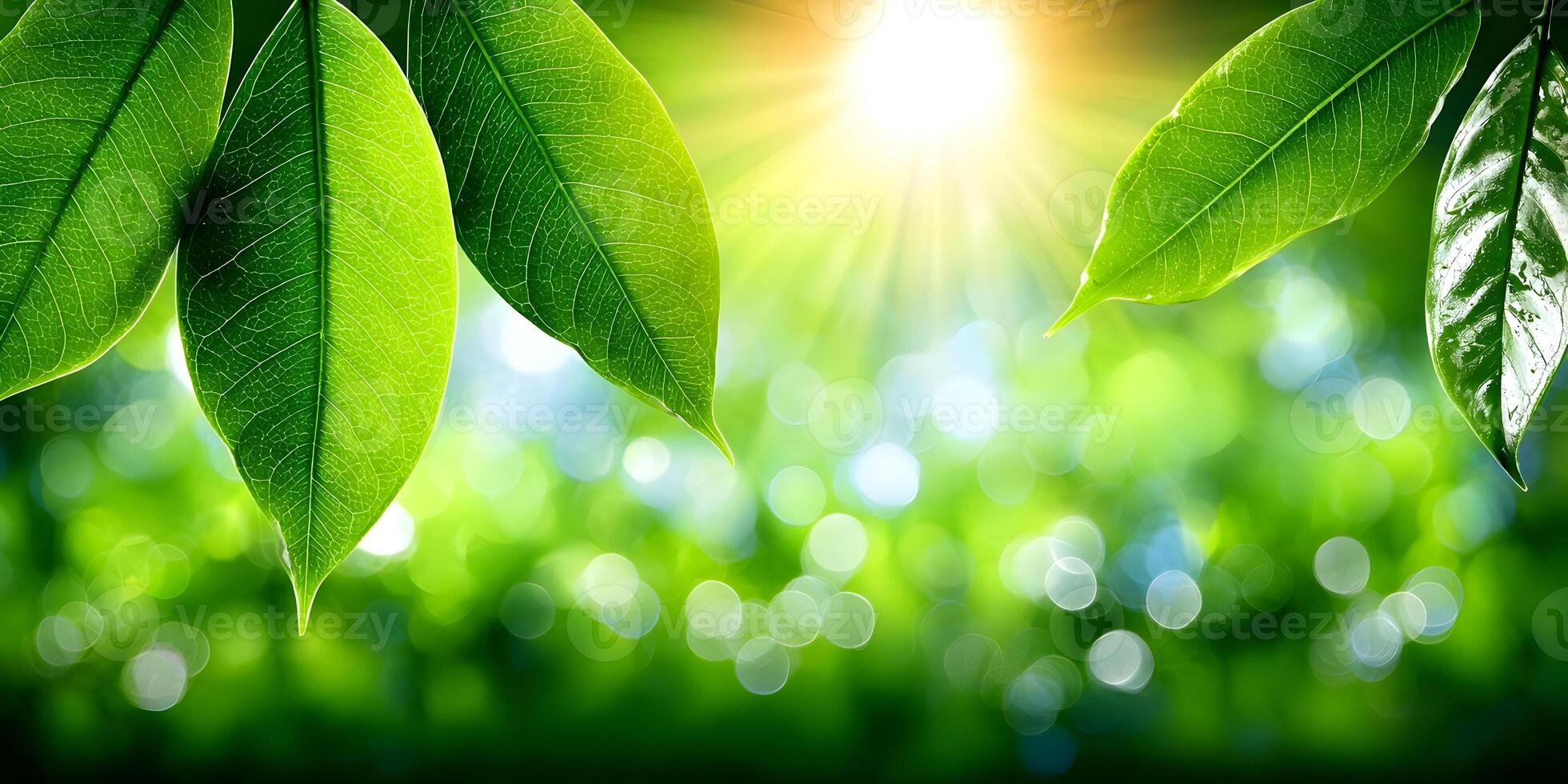 Bright Sunlight Through Green Leaves Bokeh Background photo