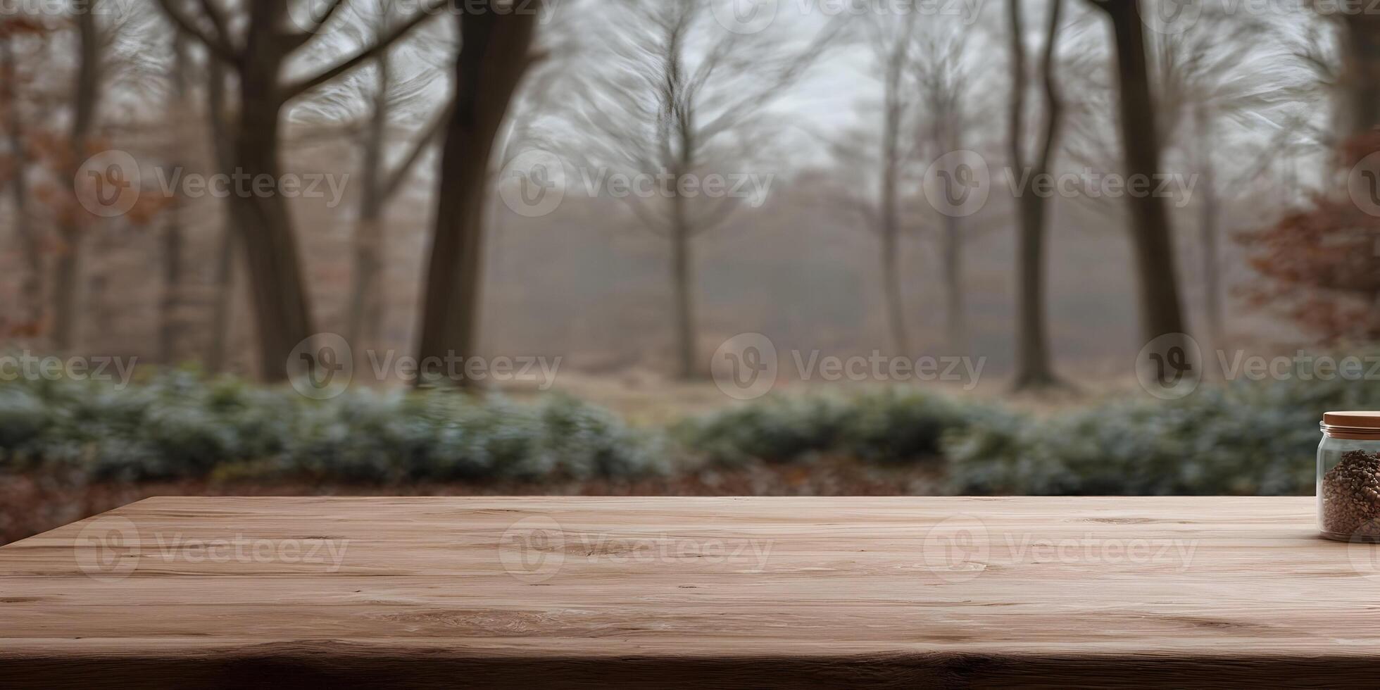 Wooden Tabletop Autumn Forest Background Jar of Seeds photo