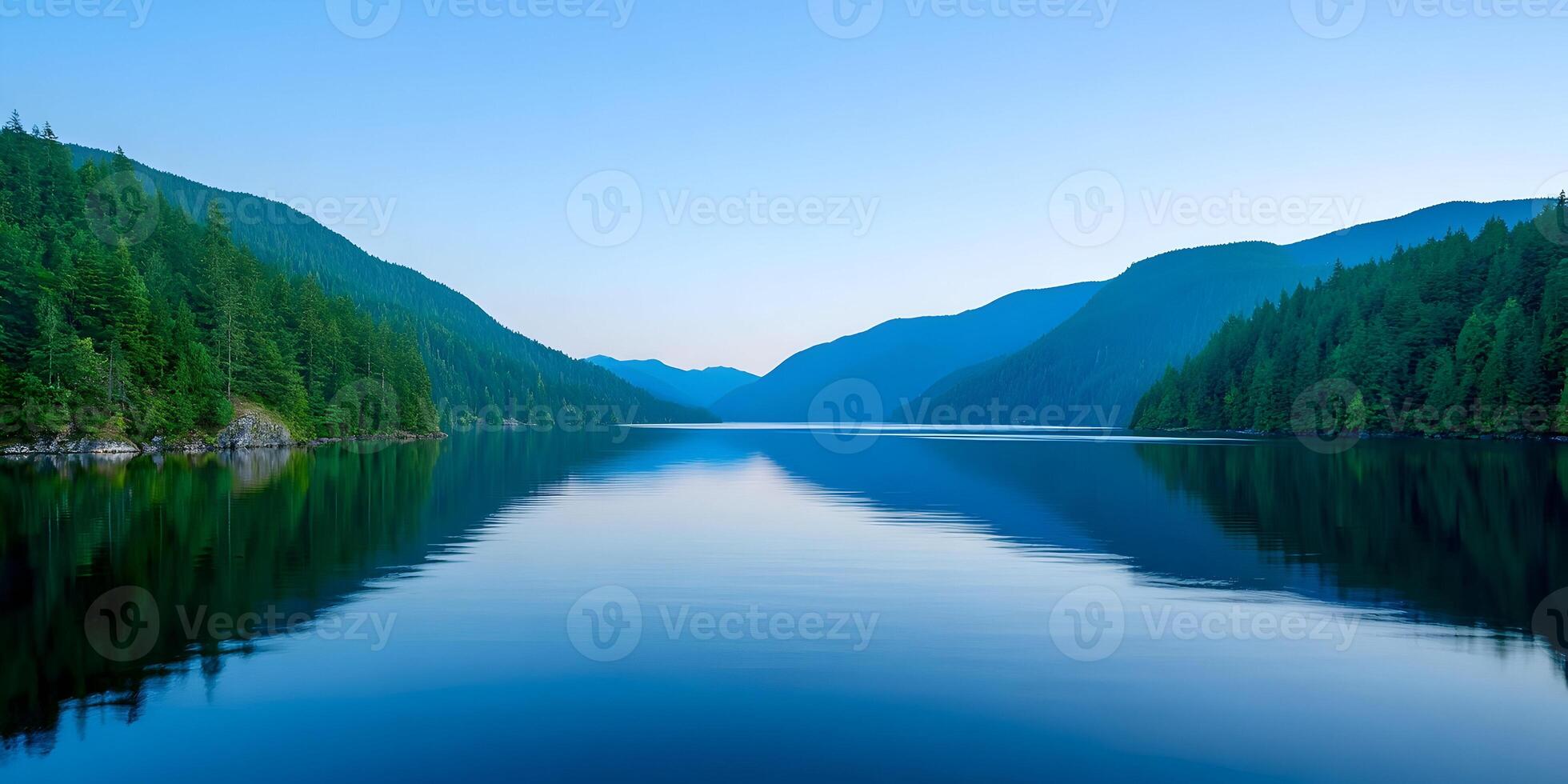 Serene Mountain Lake Landscape Calm Water Reflection Green Forest Hills photo