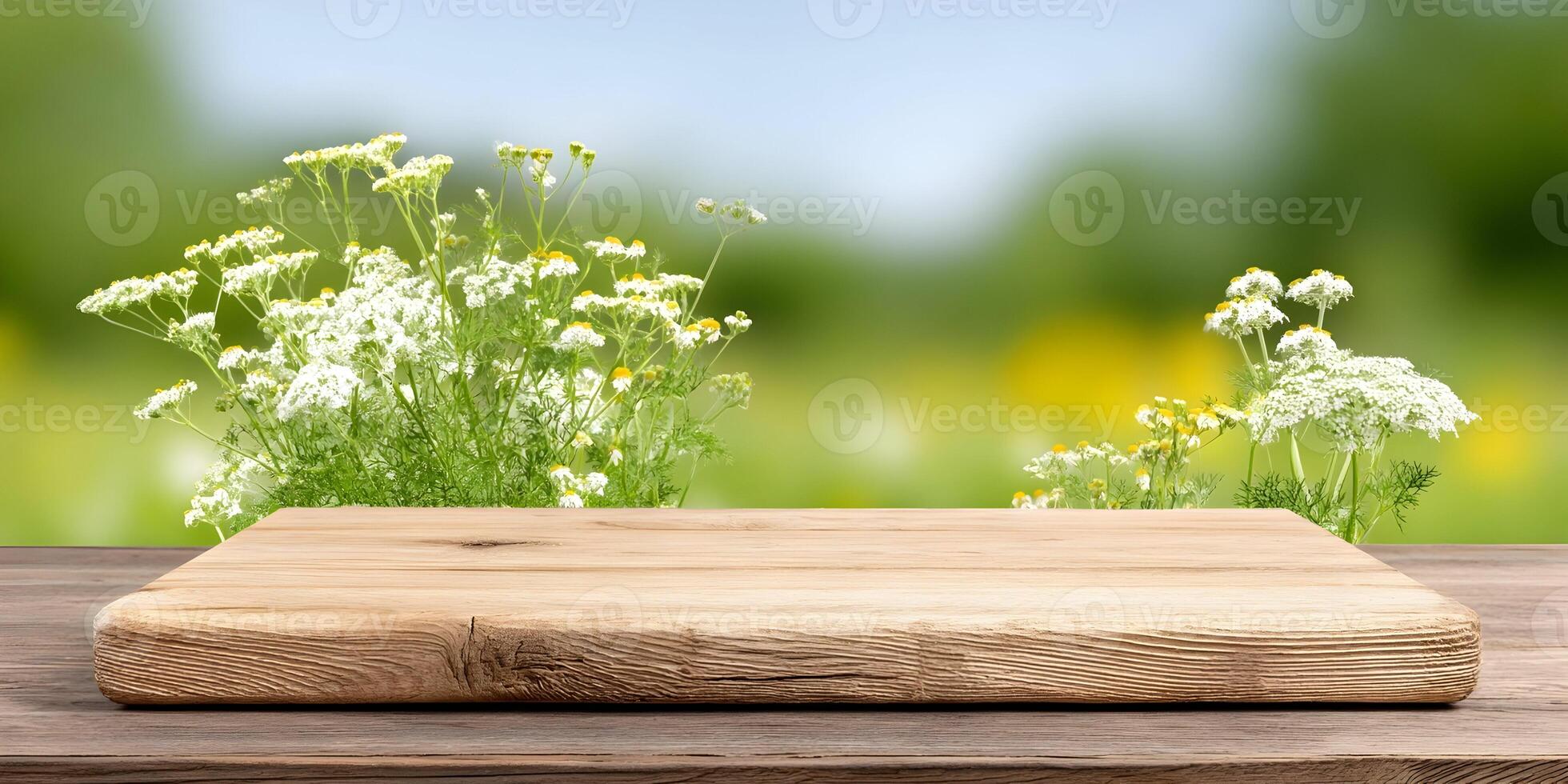 Wooden Tabletop with White Flowers and Blurred Green Background Spring Summer Nature Scene photo