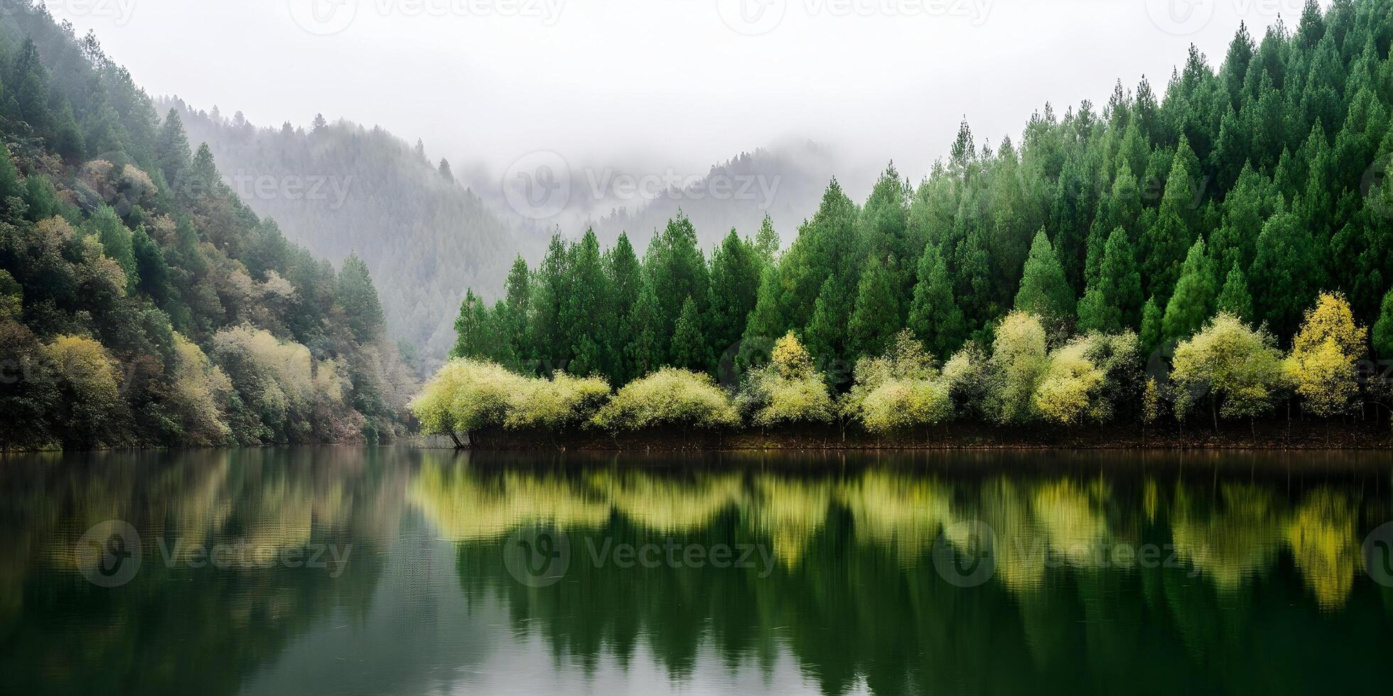 Misty Mountain Lake Reflection Green Trees Autumn Scenery photo