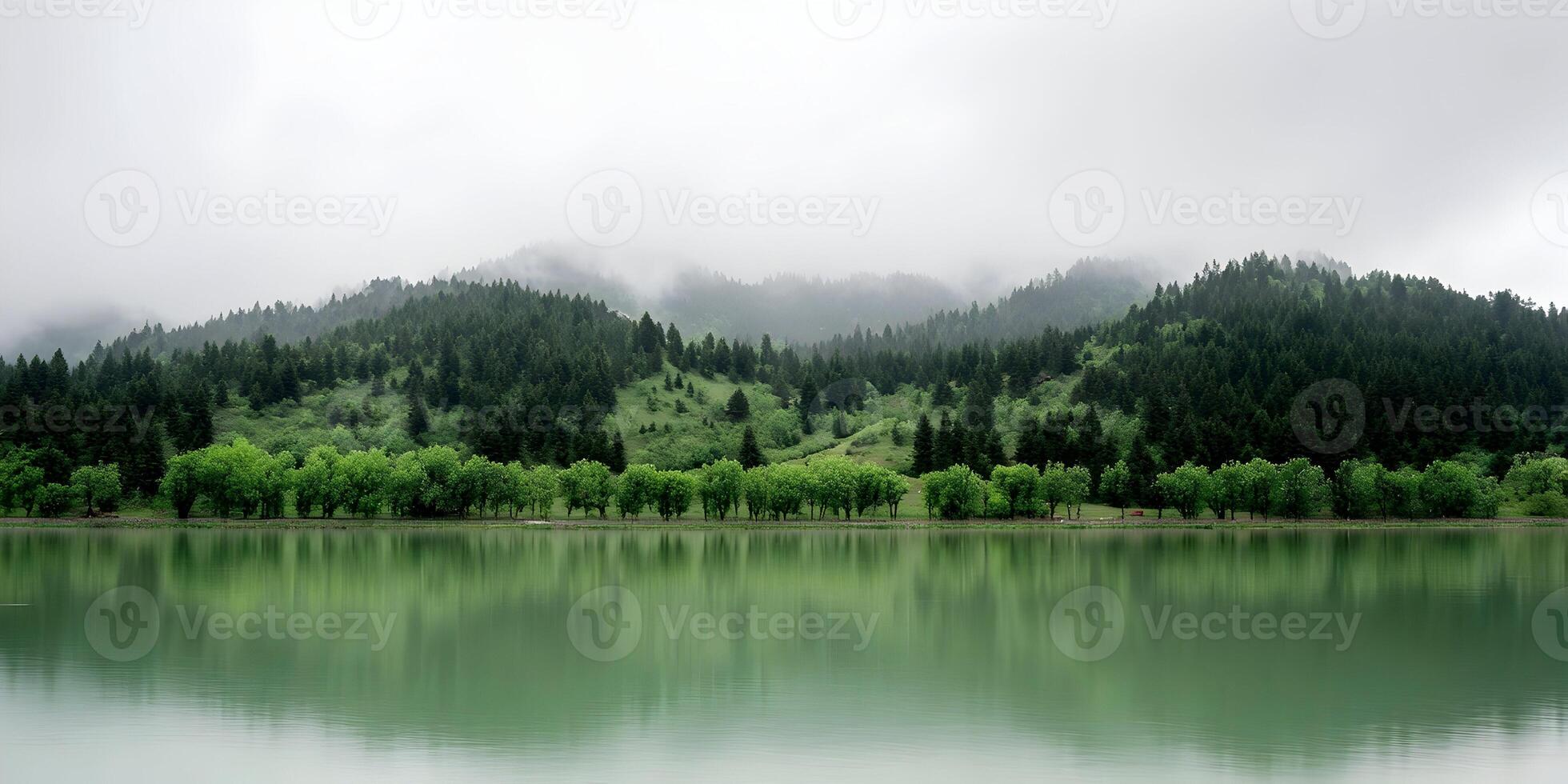 Misty Mountain Lake Green Trees Landscape Scenery Nature photo