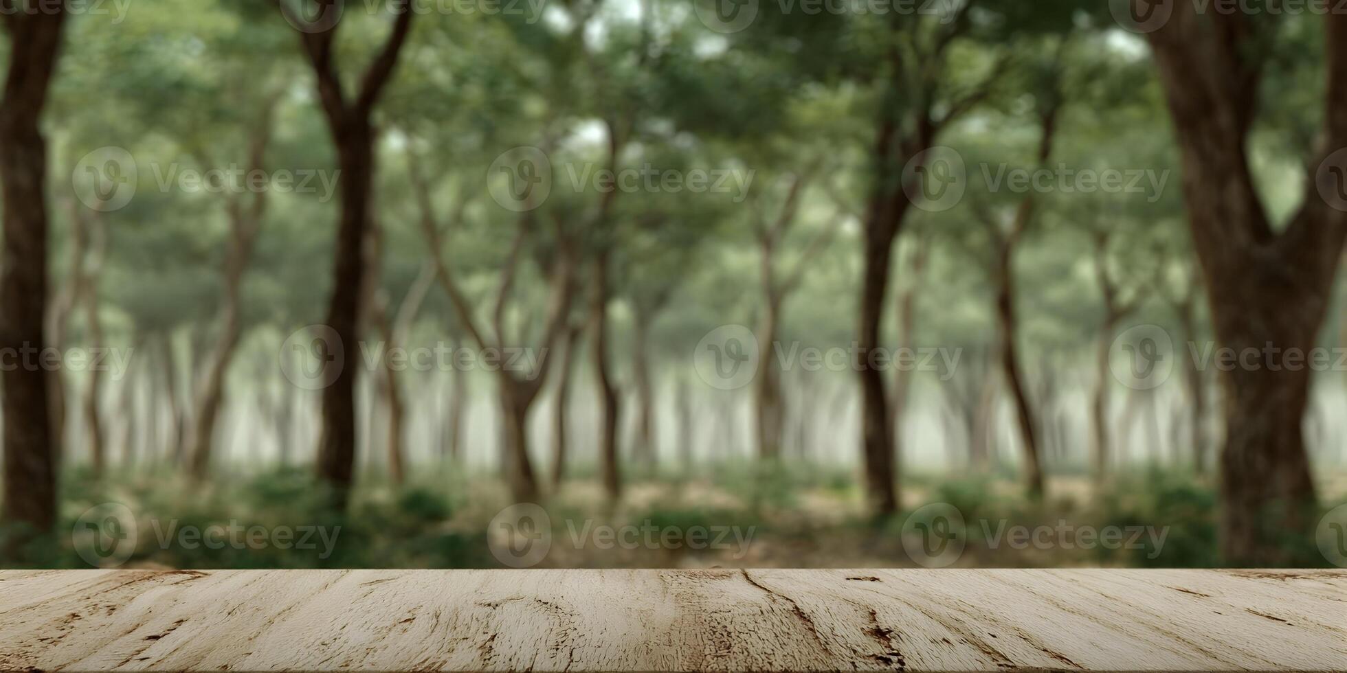 Wooden Tabletop Empty Surface in Blurred Forest Background photo