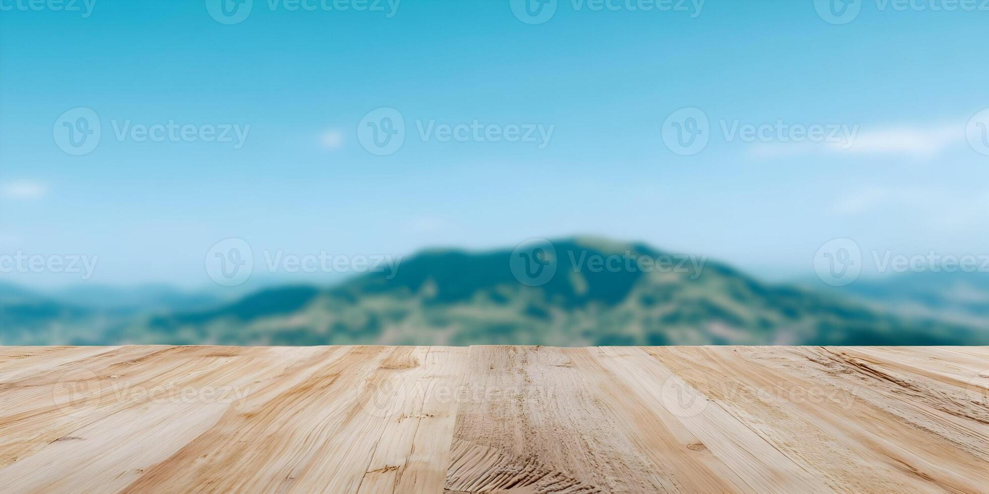 Wooden Tabletop Against Blurred Mountain Landscape Background Light Brown Wood Texture Table Top View Summer Scenery photo