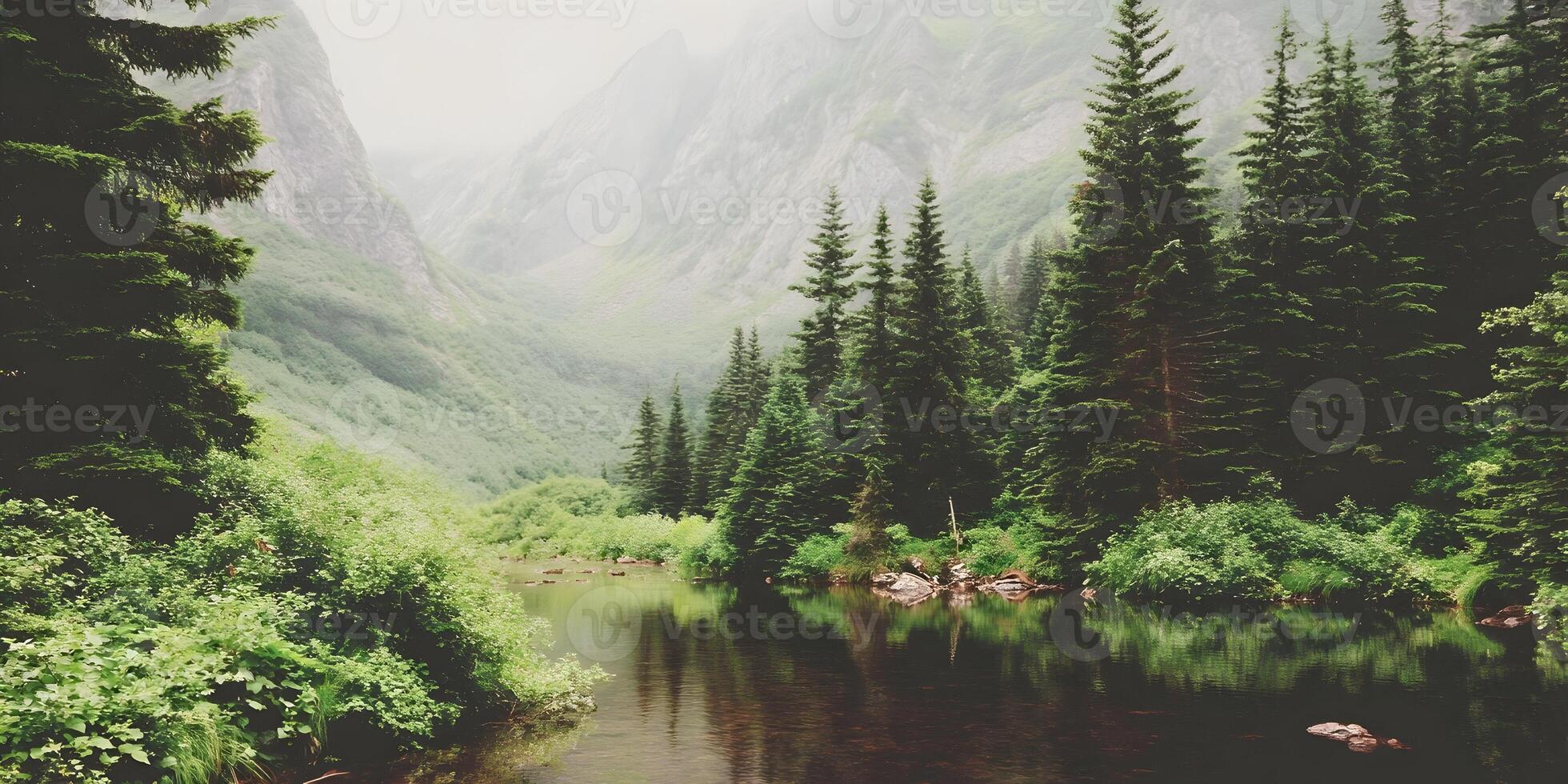 Misty Mountain Lake with Evergreen Trees Landscape Scenery photo