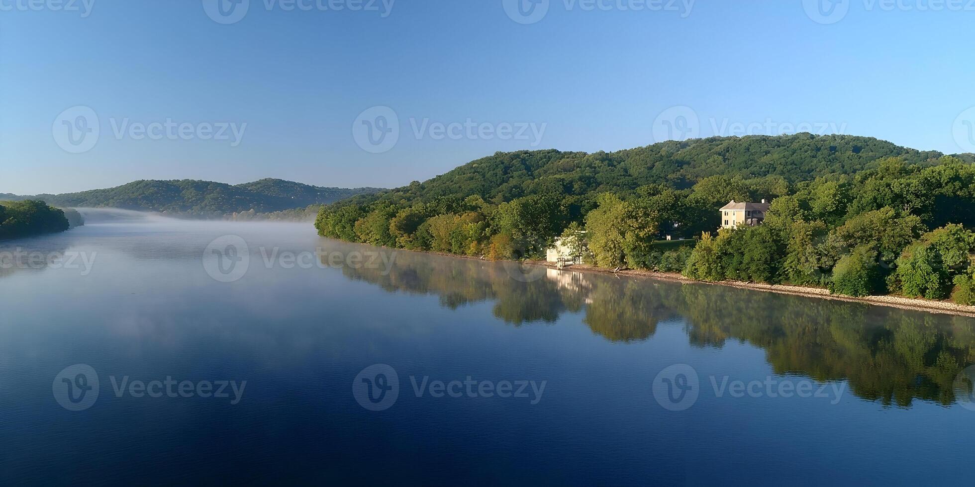 Morning Mist River House Landscape Calm River Scenery photo