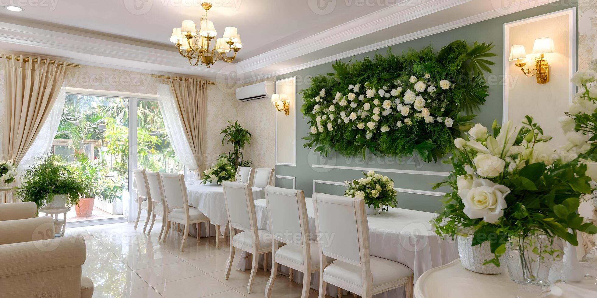 Elegant Wedding Reception Room White Flowers Green Wall Decor photo