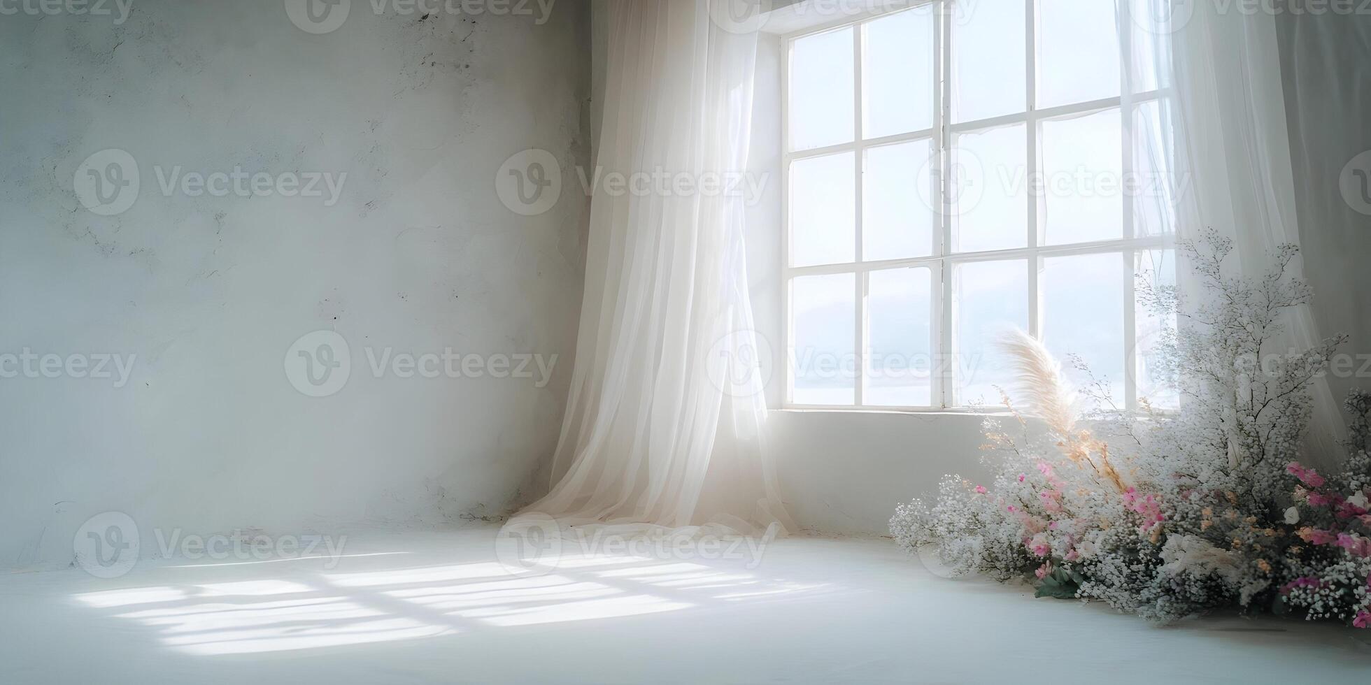 Bright Room Interior Design Sheer Curtains White Flowers photo
