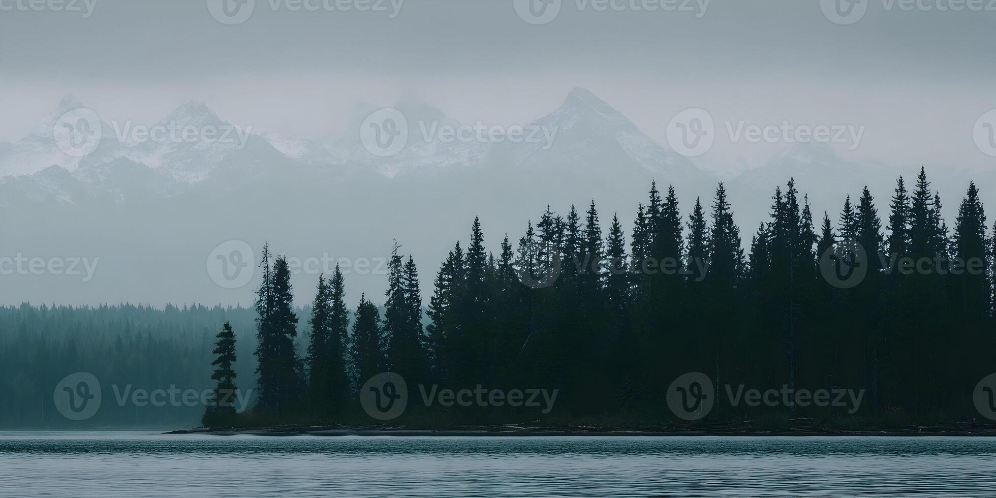 Misty Mountain Lake with Evergreen Trees Island photo