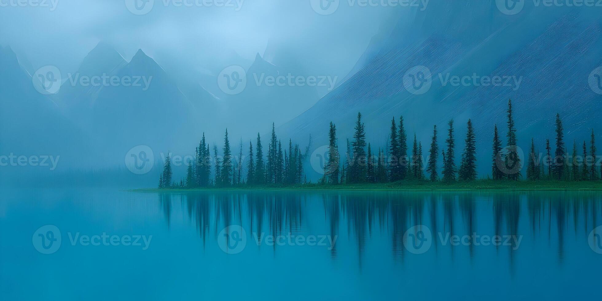 Misty Mountain Lake with Evergreen Trees Reflection photo