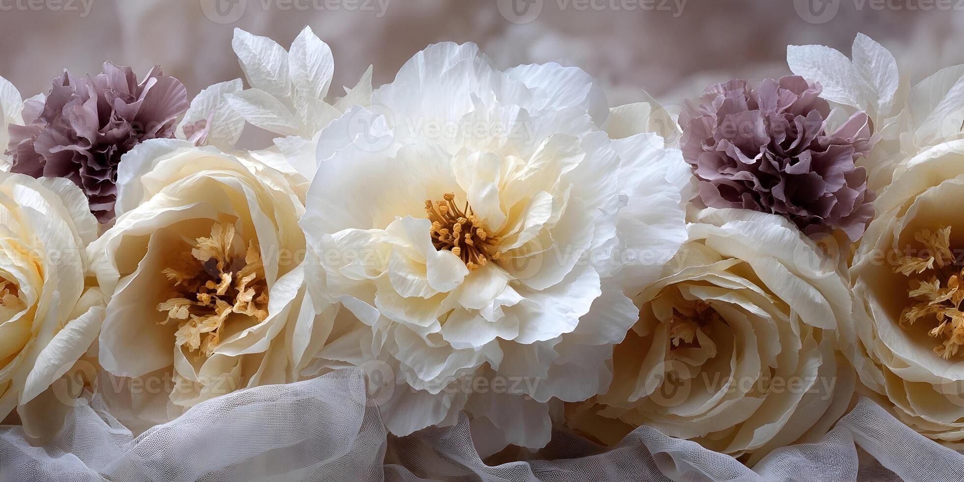 Cream Peonies and Purple Carnations Flower Arrangement photo