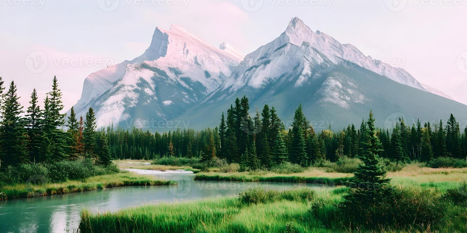 Canadian Rocky Mountains Landscape River Trees Mountains Scenery photo