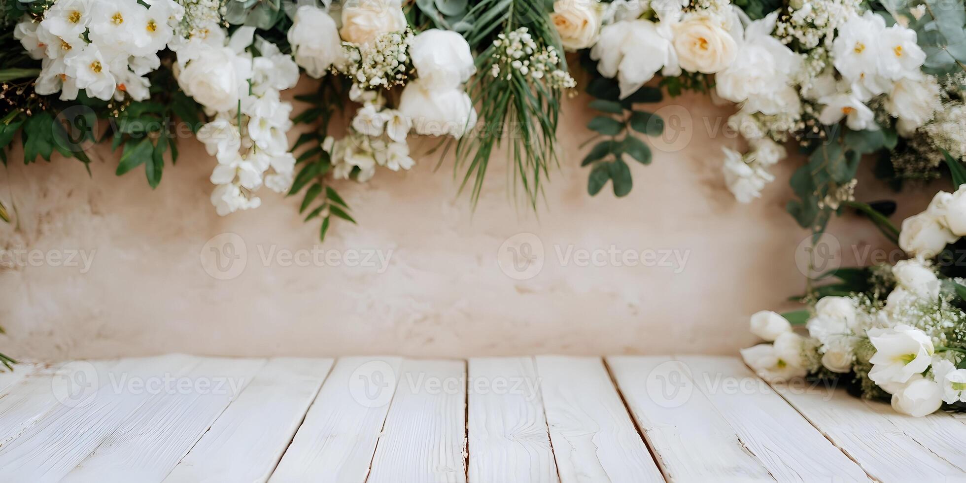 White Flowers Wooden Table Background Beige Wall Spring Floral Arrangement photo