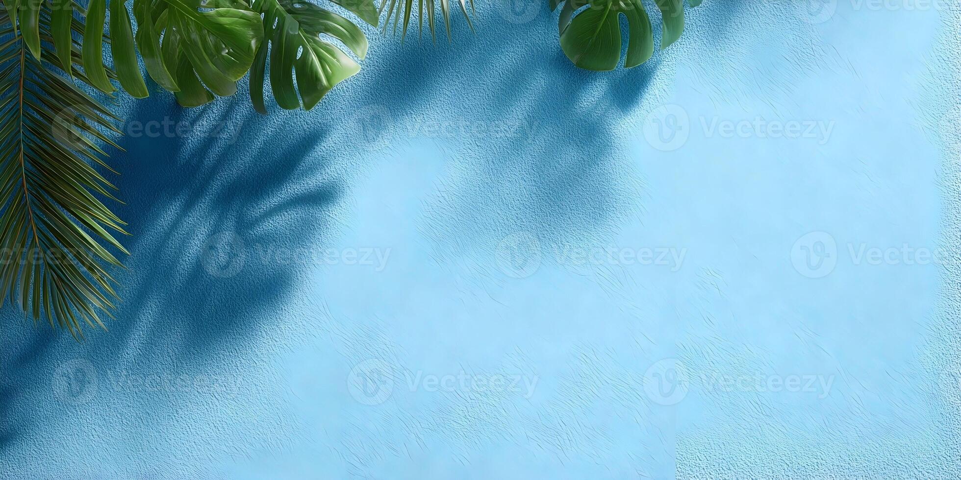 Tropical Leaves Corner Frame on Light Blue Textured Background photo