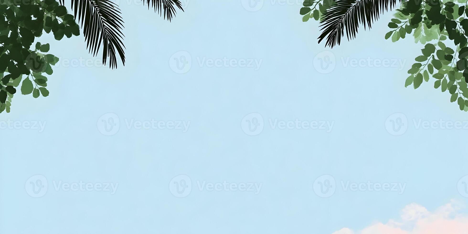 Tropical Leaves Corner Frame Light Blue Sky Background photo