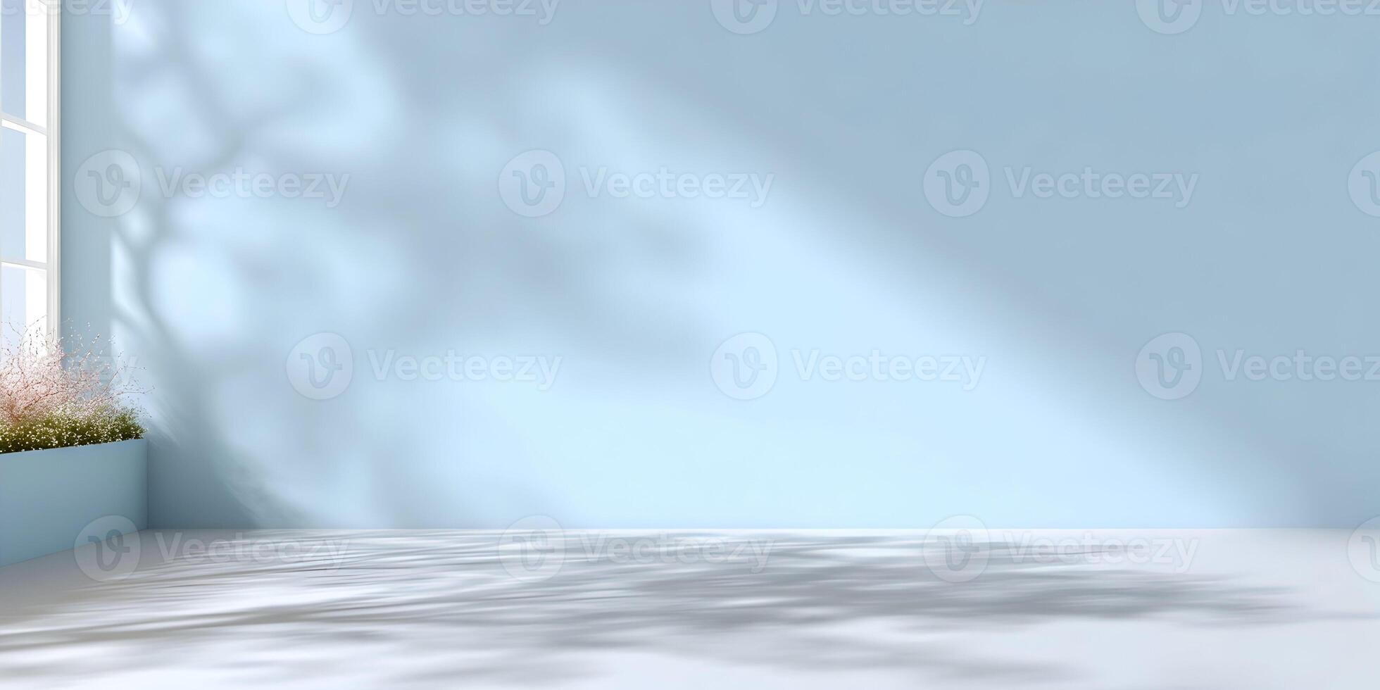 Light Blue Room Interior Empty Space Minimalist Design Plant Shadow Sunlight photo