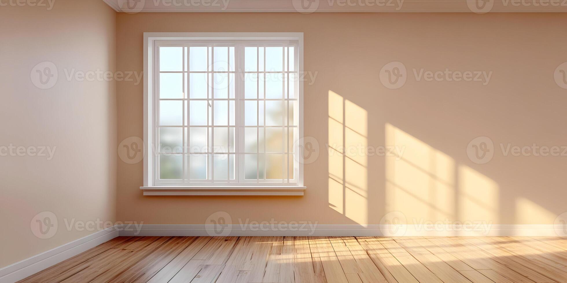 Empty Room with Beige Walls Wooden Floor and White Window Sunlight Shadow photo