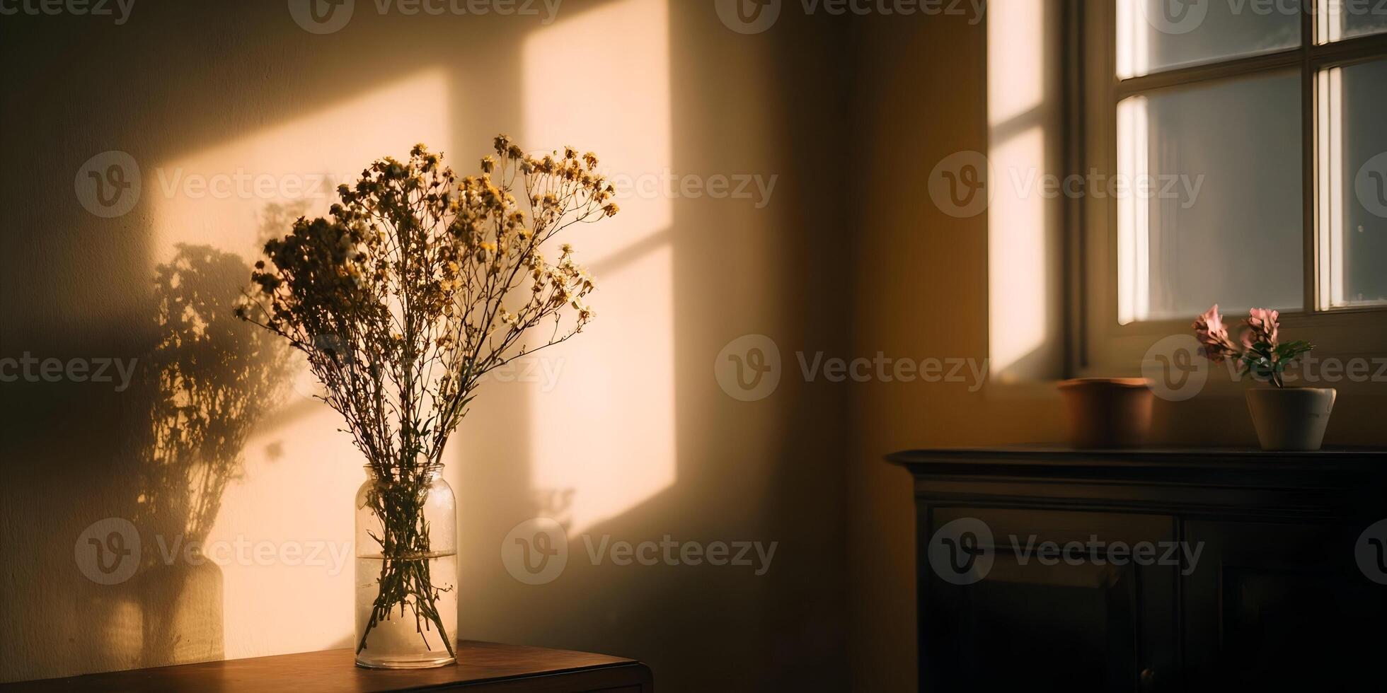Dried Flowers in Glass Vase Sunlight Shadow Home Decor Still Life photo