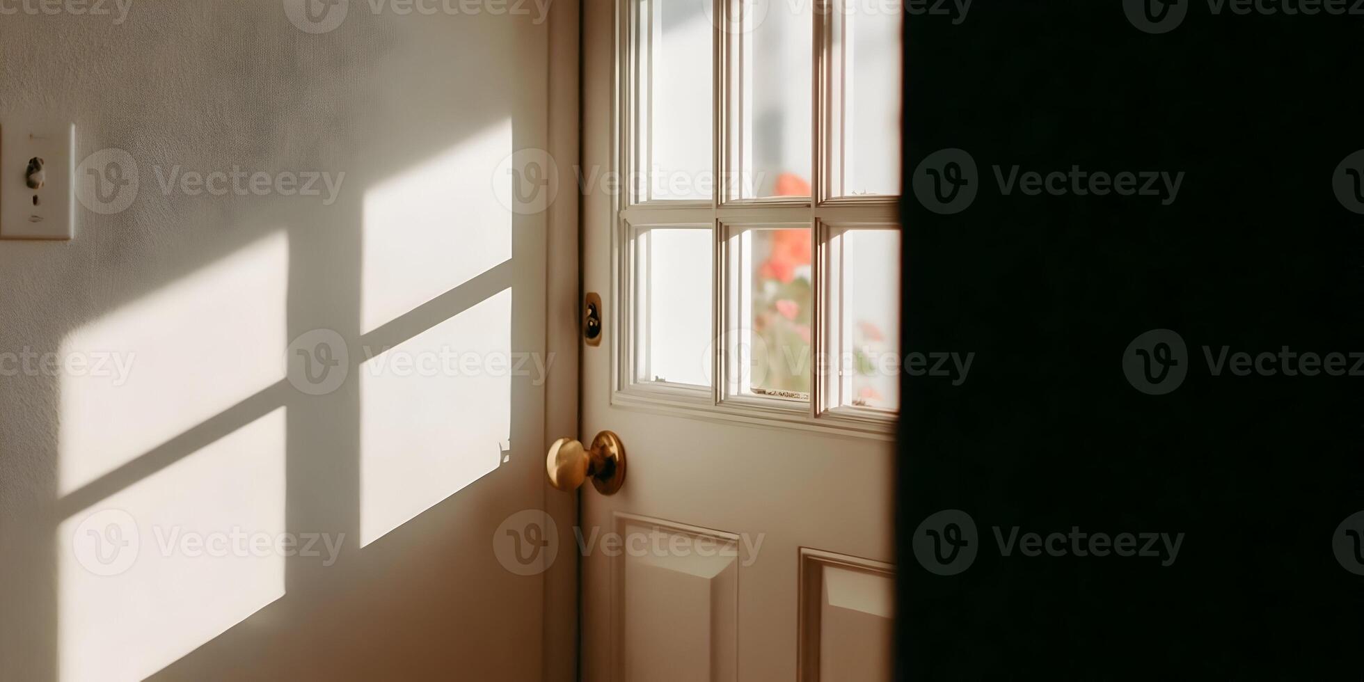 Sunlight Through Window Door Shadow White Door Brass Doorknob photo