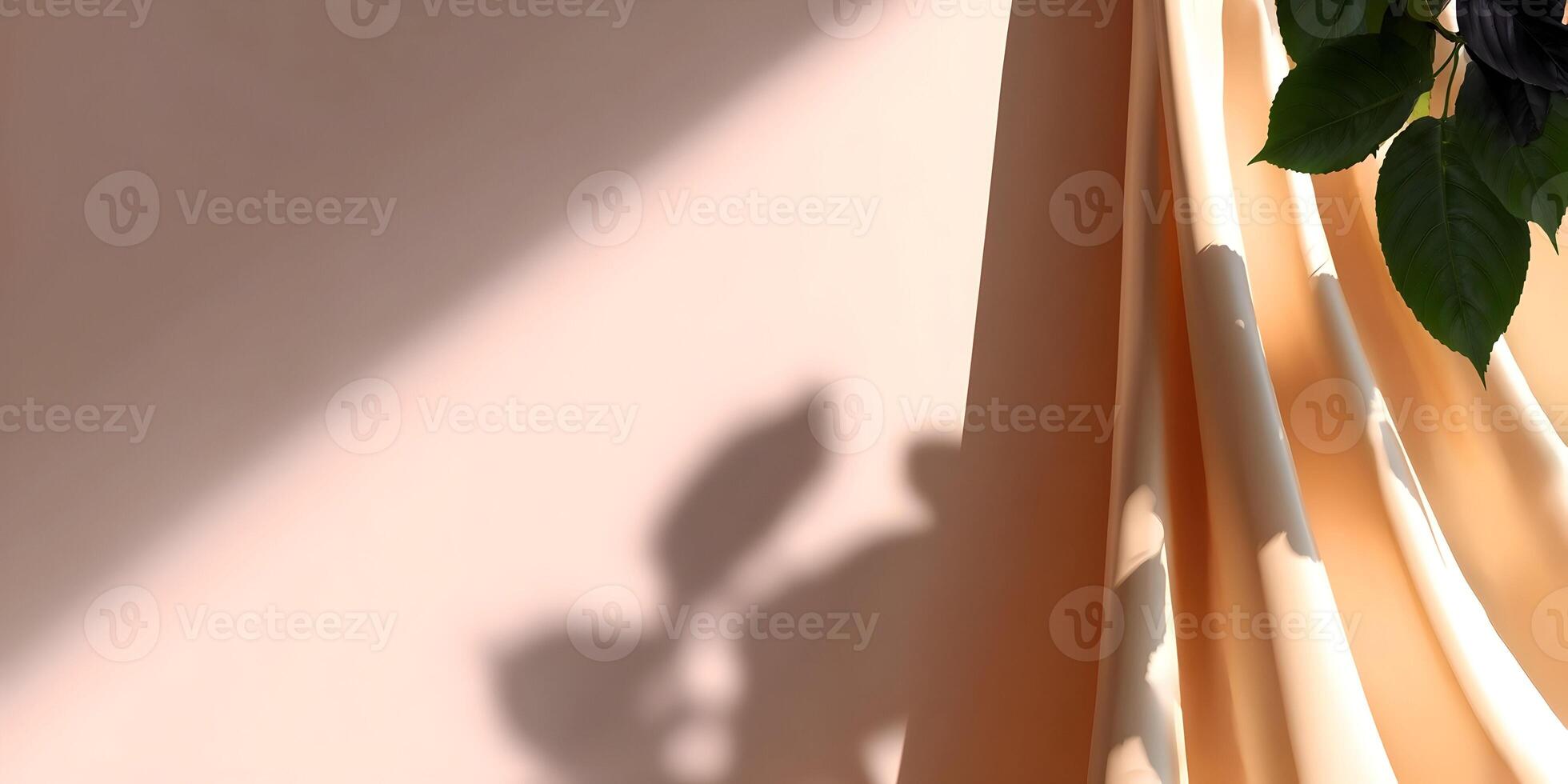 Peach Satin Fabric Drape with Leaf Shadow and Sunlight photo