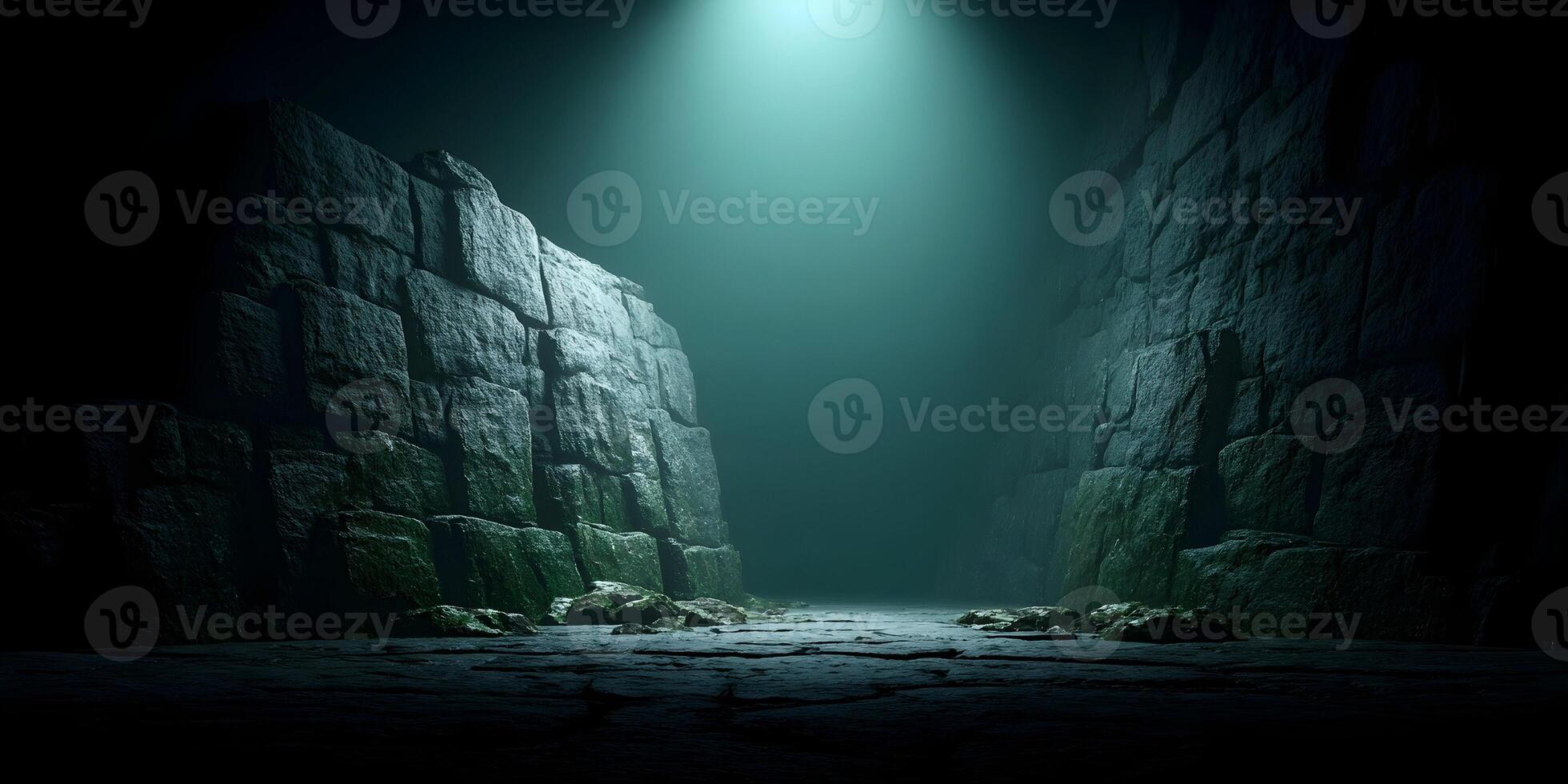 Dark Stone Passage Mysterious Green Light Illuminated Ancient Ruins Pathway photo