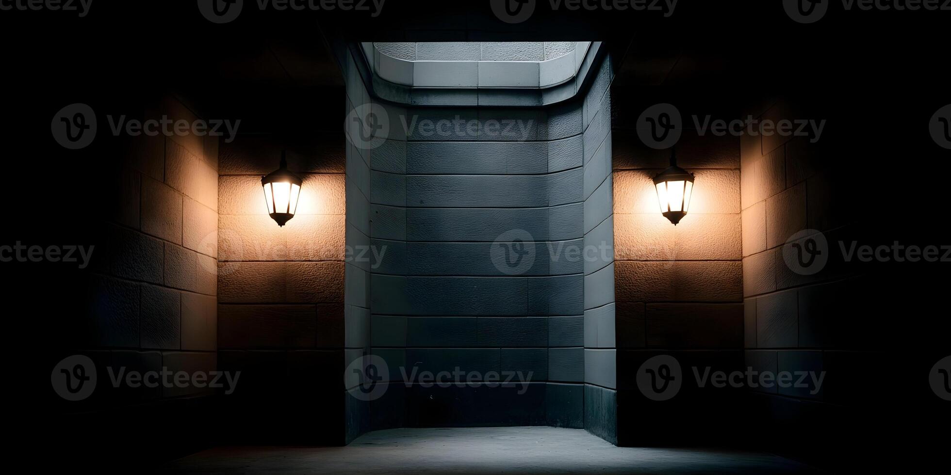 Dark Brick Wall Passageway with Two Lit Lanterns photo