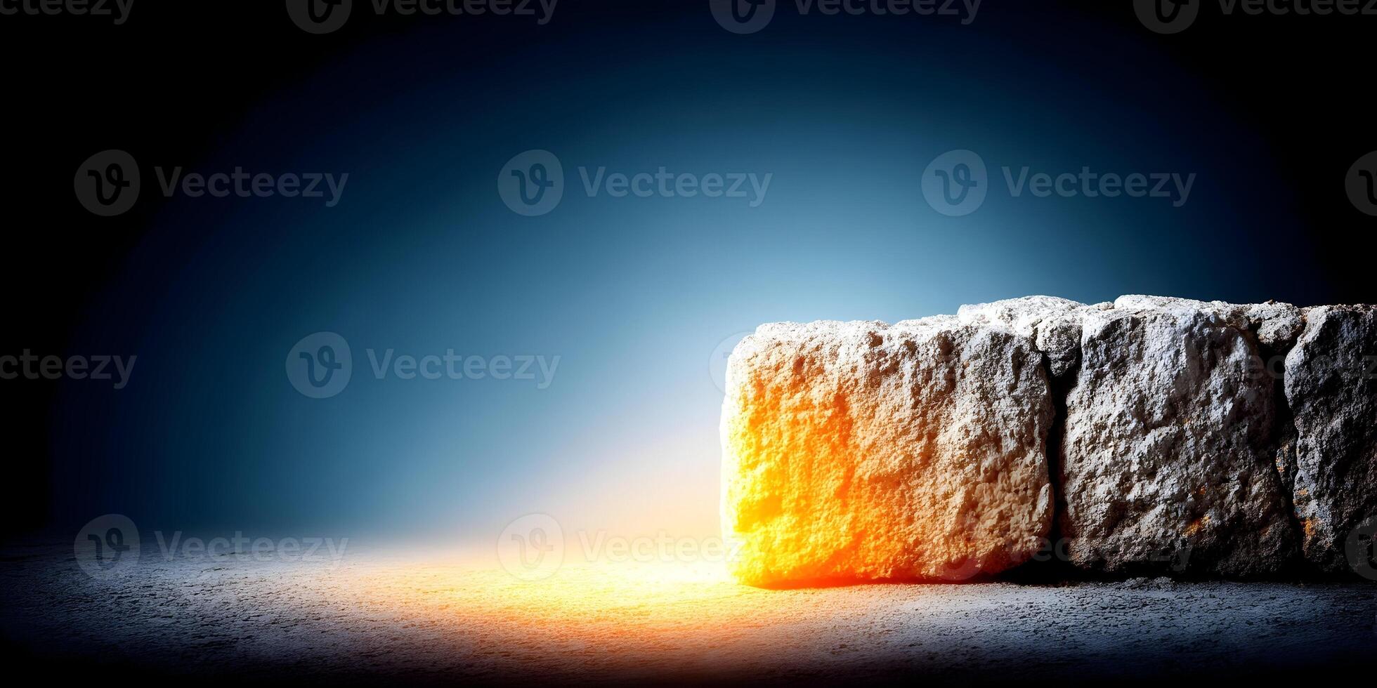 Stone Wall Block Illuminated Bright Light Dark Background photo