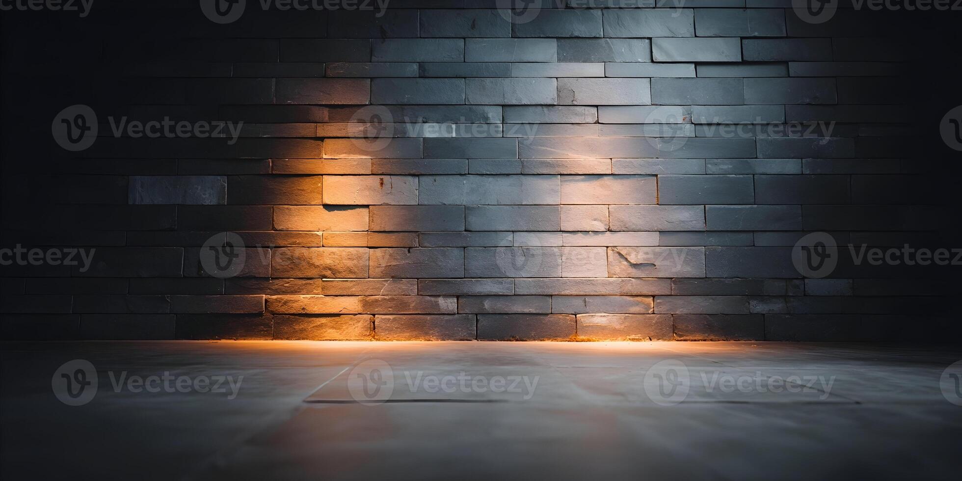 Dark Grey Brick Wall Background with Warm Light Illumination photo