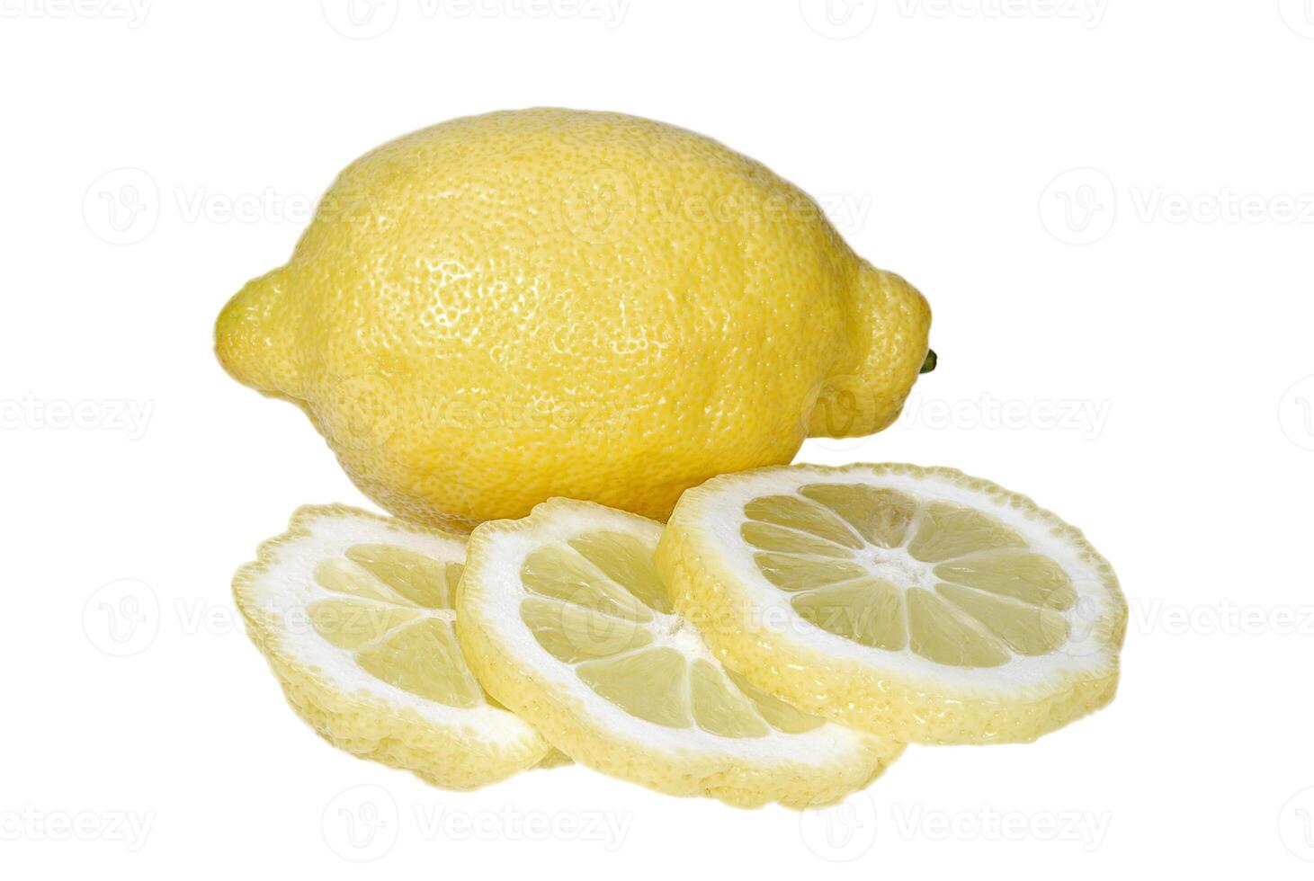 Lemon and juicy slices on white background photo