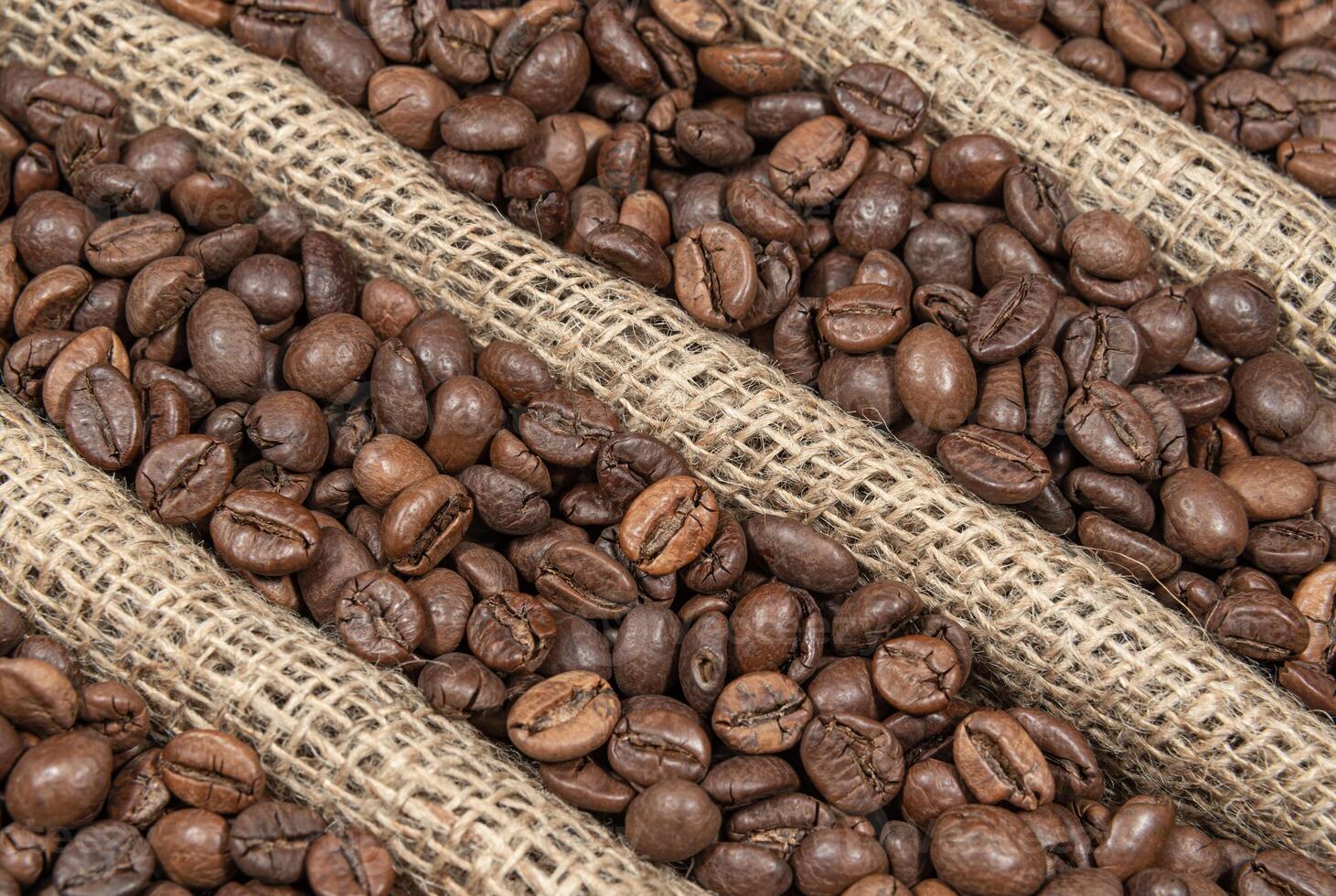 Coffee beans on burlap fabric with folds photo