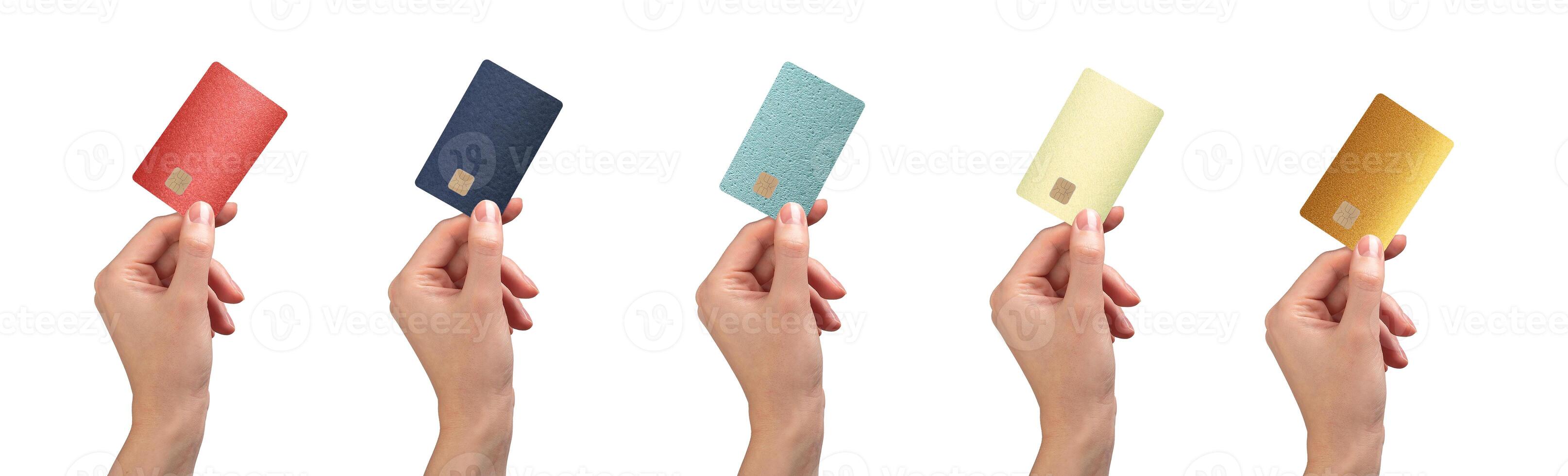 Bank payment set. Hand holding plastic bankcard with chip for credit, debit, loan, cashback, online photo