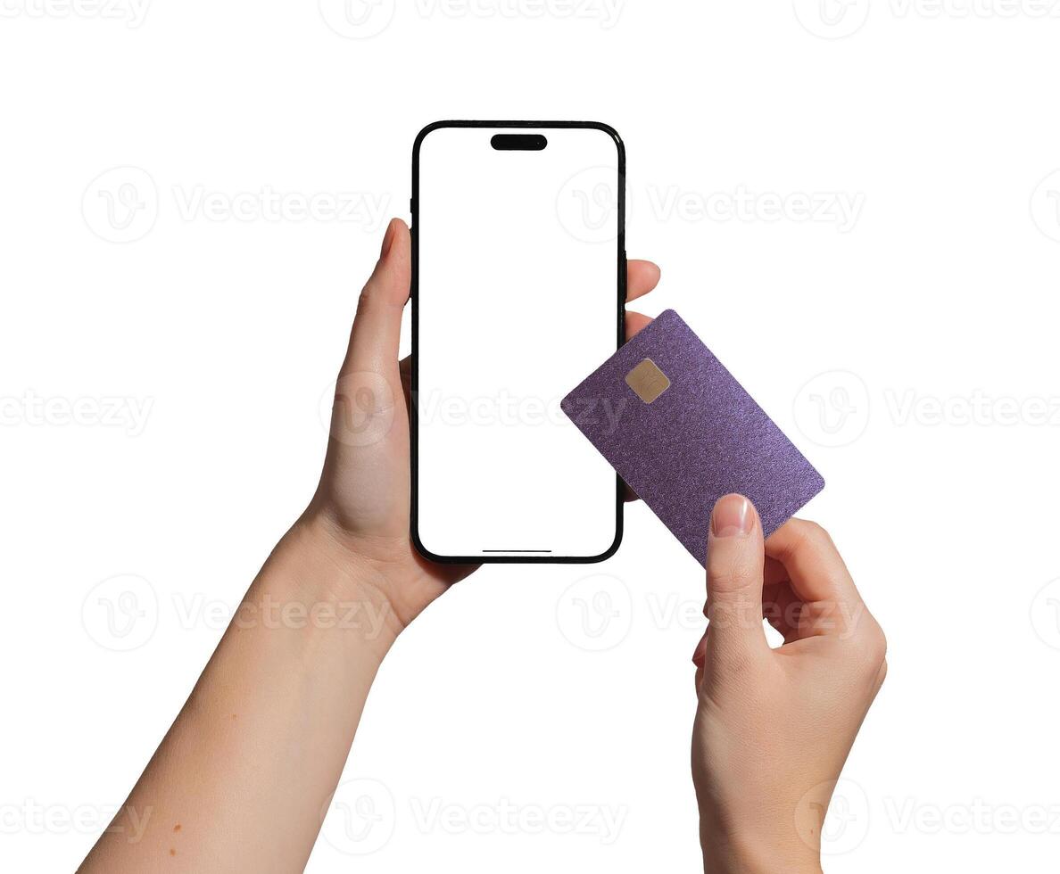 Hand holding a smartphone displaying a bank card for online payment. Smart, cashless transaction for photo