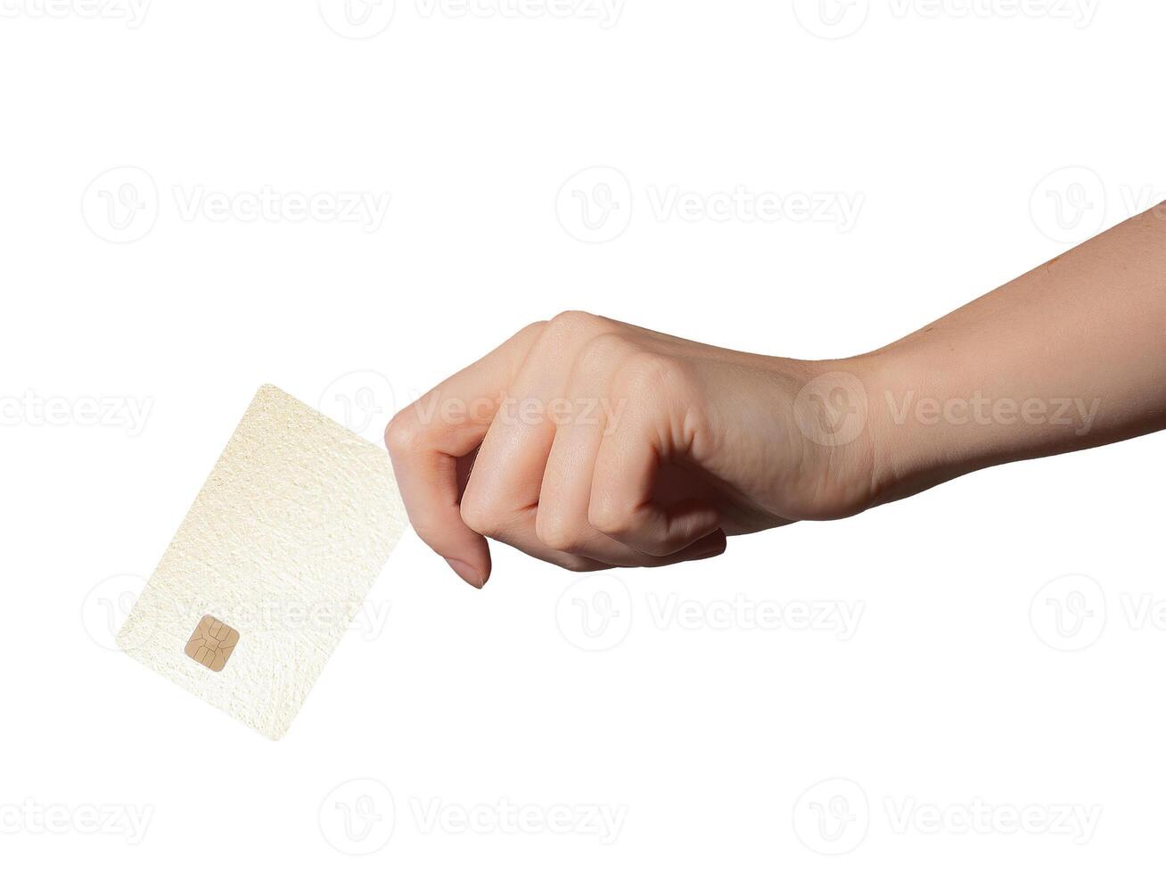 Bank card in hand with a beige design. Credit, debit, and cashless payment concept for retail and photo