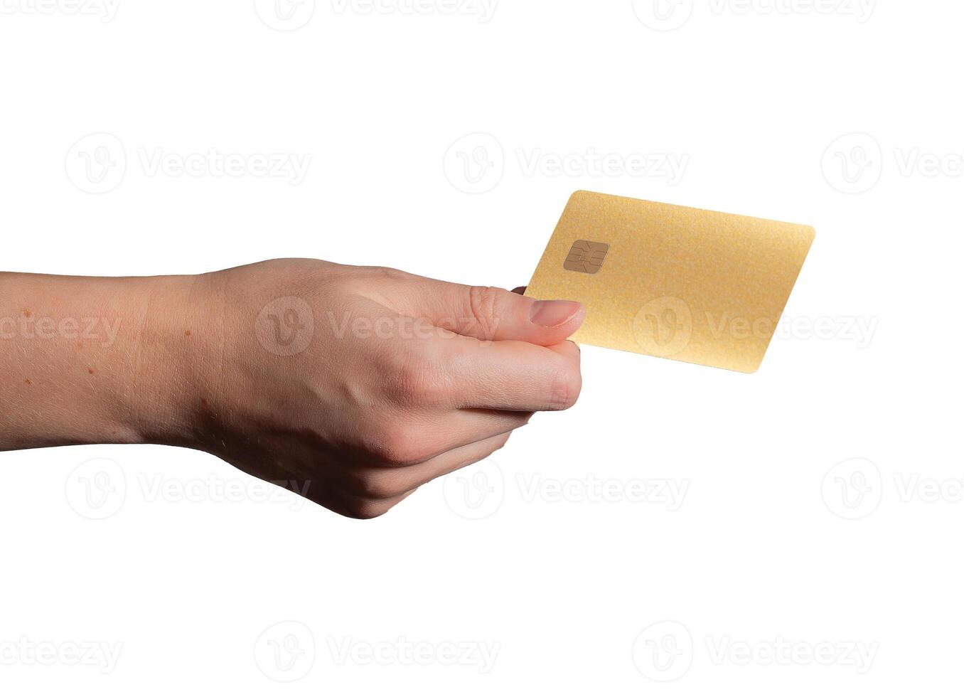 Bank card held in hand, showing a yellow and white plastic design with a chip. Customer using the photo