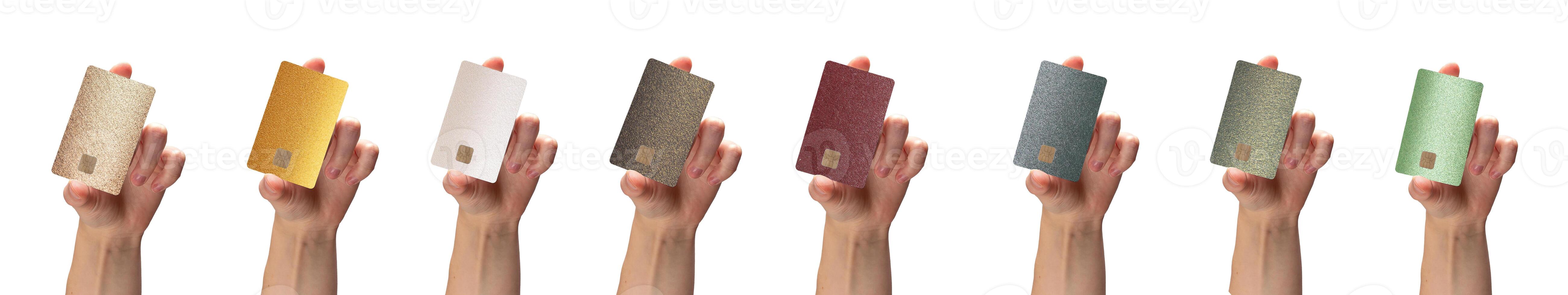 Hand holding plastic bank card with chip for credit, debit, loan, cashback, online shopping, or photo