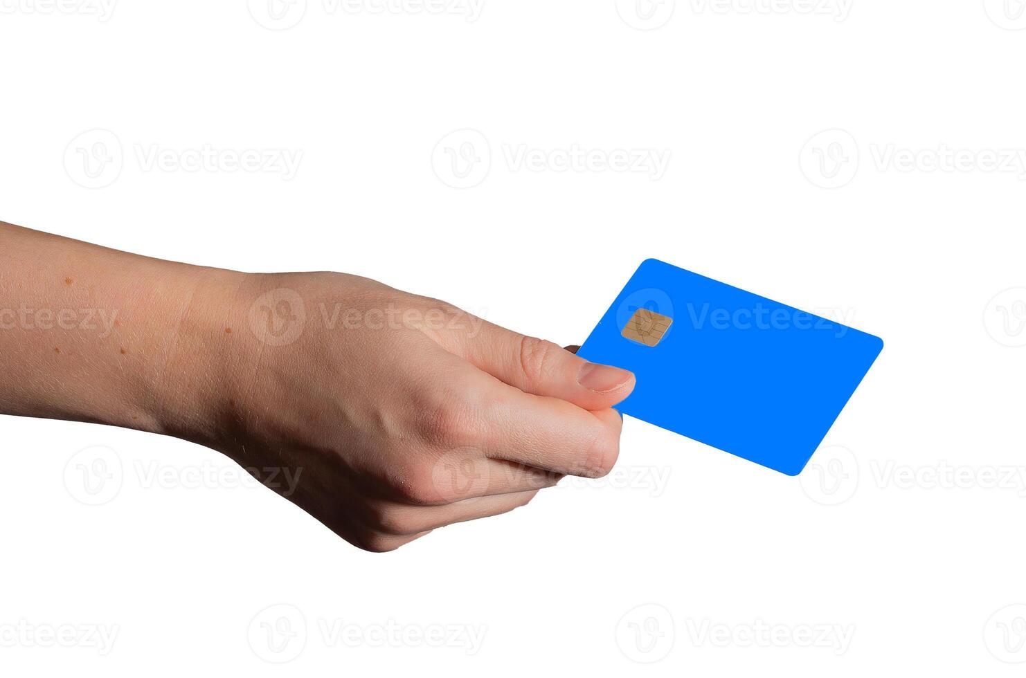 Bank card held in hand with a bright blue and white design, featuring a chip. Customer using the photo