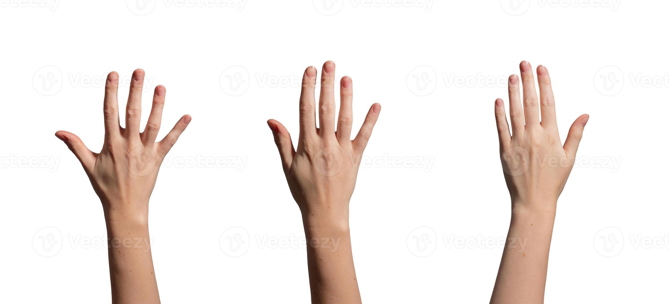 Hand raised with fingers spread, showcasing an elegant, graceful gesture. Clean, smooth skin with a photo