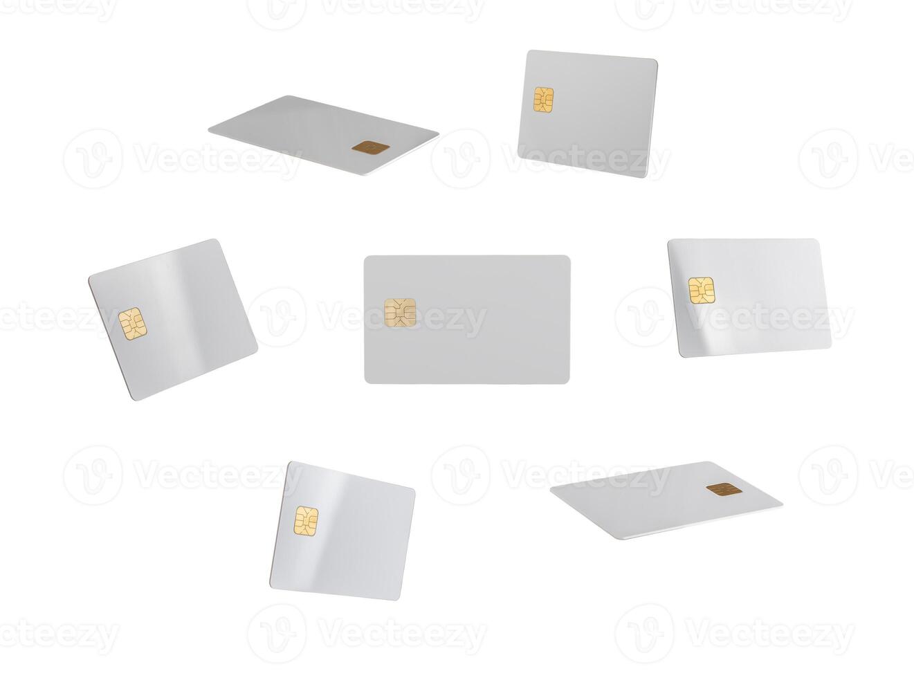 Bank card mockup in different angles and positions. Glossy, clear plastic design showcasing credit photo