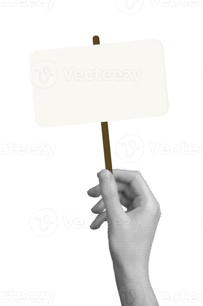 blank protest placard with raised hand, promoting expression during demonstration. Empty signboard, photo