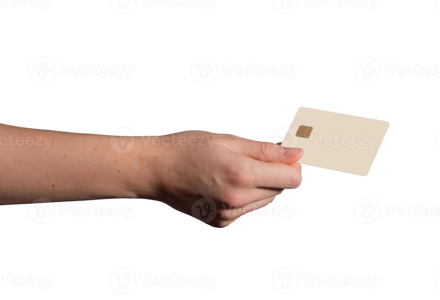 Bank card held in hand, showcasing a beige plastic design. Customer using the card for electronic photo