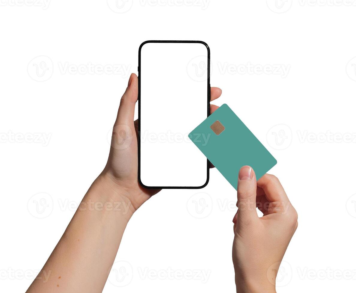 Closeup of a hand holding a smartphone displaying a bank card for online payment. Cashless photo