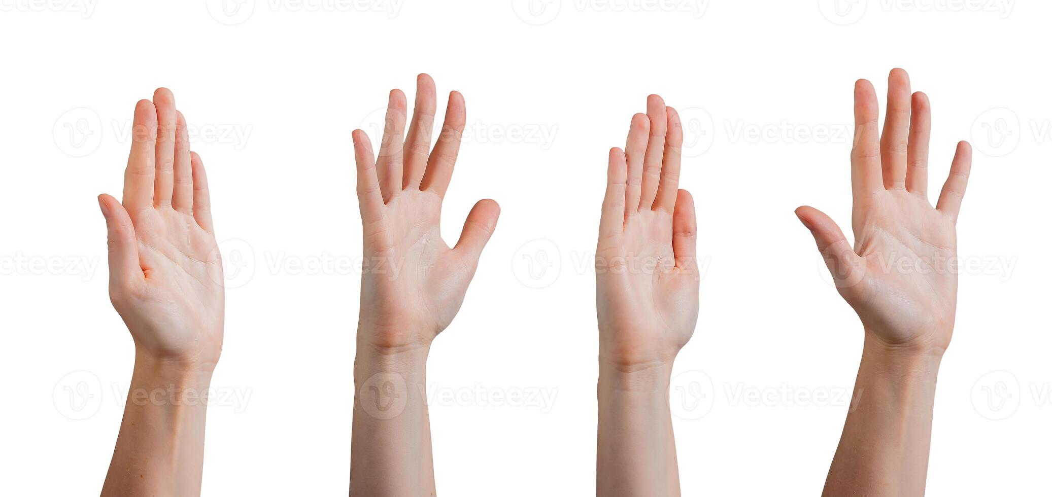Hand raised in a friendly wave gesture, signaling a greeting. Fingers open, palm facing forward, photo