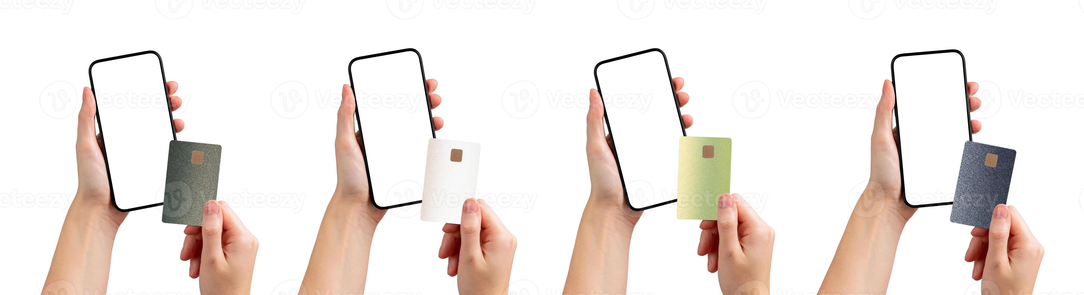 Hand holding a smartphone with a bank app for cashless payment, displaying a credit card for online photo